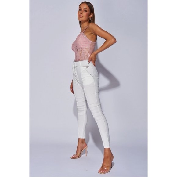 White High Waist Buckle Belt Tapered Cropped Straight Leg Ankle Pants - Picture 7 of 14